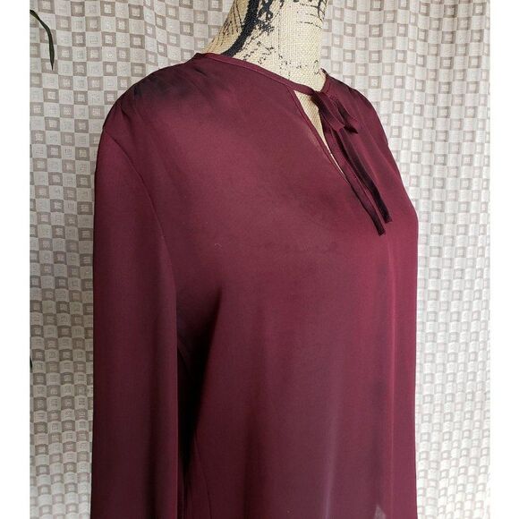 Women's Blouse Wine Red Long Sleeve Sheer Tie-Neck Blouse Large NWOT - Picture 3 of 8